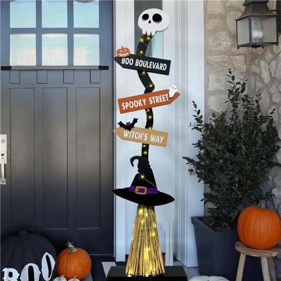 Halloween Decorations -Lighted Halloween Wooden Witch’s Broom - Picture 1 of 7